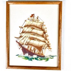 Vintage Needle Point Framed Wall Art Ancient Sailing Ship